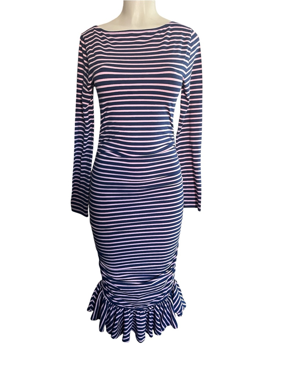 Striped Long-Sleeve Navy and Pink Fish Cut Midi Dress